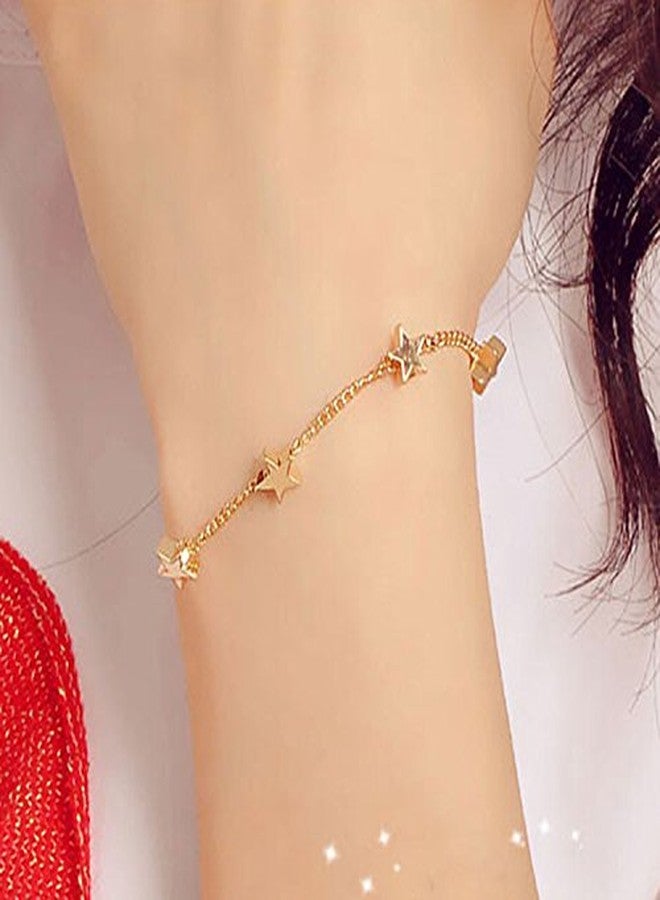 سوار نسائي QIAN0813 بتصميم بسيط وأنيق مطلي بالذهب، مزين بخمس نجوم وقلب، سوار سلسلة رفيعة، سوار أنيق مناسب للحفلات والمناسبات. - Image 3